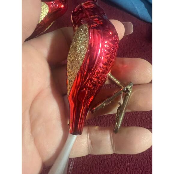 3 Vintage 1970's Mercury Glass Clip On Bird Ornaments 5”Red w Fiberglass tail - Picture 6 of 11